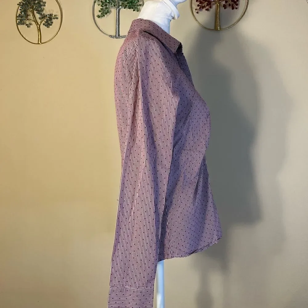 Van Heusen Stretch Berry and White Pin Check Pattern Long Sleeve Button Down S
